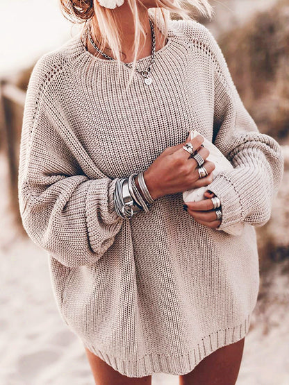 Women's Knit Sweater – Oversized Fit – Open Knit – Long Sleeves – Side Slit
