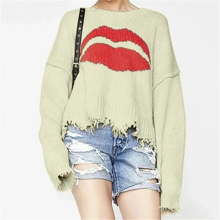 Women's Sweater – Oversized Fit – Chunky Knit – Short Length – Fringed Edge – Graphic Print