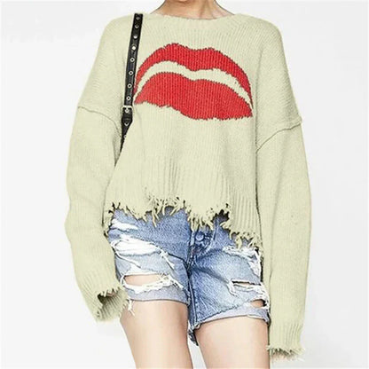 Women's Sweater – Oversized Fit – Chunky Knit – Short Length – Fringed Edge – Graphic Print