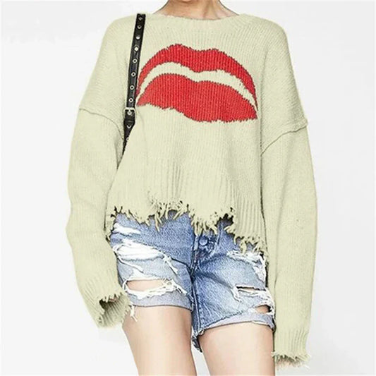 Women's Sweater – Oversized Fit – Chunky Knit – Short Length – Fringed Edge – Graphic Print