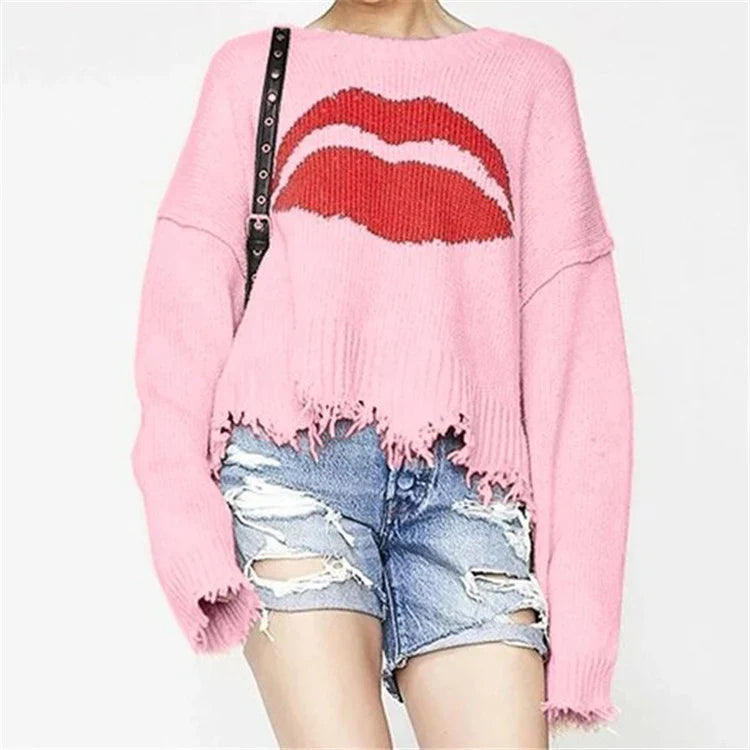 Women's Sweater – Oversized Fit – Chunky Knit – Short Length – Fringed Edge – Graphic Print
