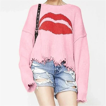 Women's Sweater – Oversized Fit – Chunky Knit – Short Length – Fringed Edge – Graphic Print