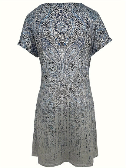 Dress for Women – Mini – Relaxed Fit – Short-Sleeved – Round Neck – Print Design