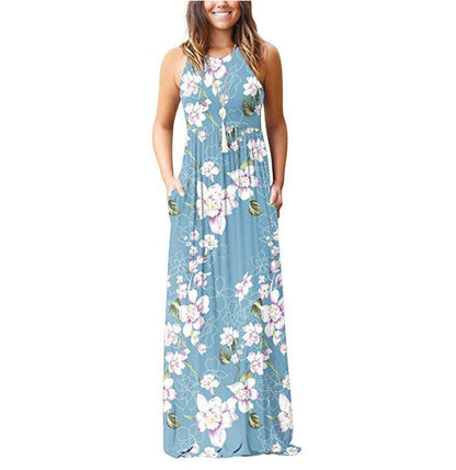 Dame Maxi Kjole - Ærmeløs Let & Luftig - Blomstret Print - Rund Hals - Med Lommer