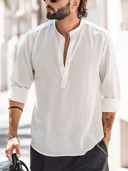 Men's Shirt with Long Sleeves – Relaxed Fit – Breathable – Mandarin Collar – Casual Look