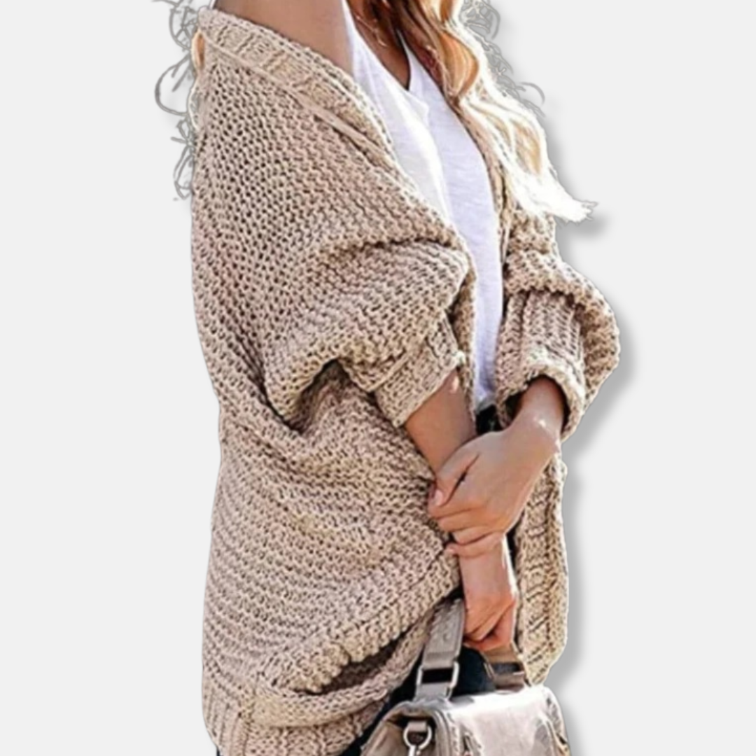 Isla Wool Oversized Cardigan | Ribbed Open Front Pockets Cardigan