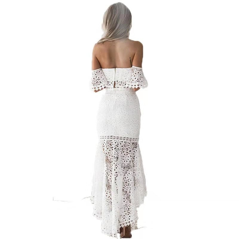 Dame Sæt – Off Shoulder Bustier Top med Blonder – Høj Talje Pencil Nederdel