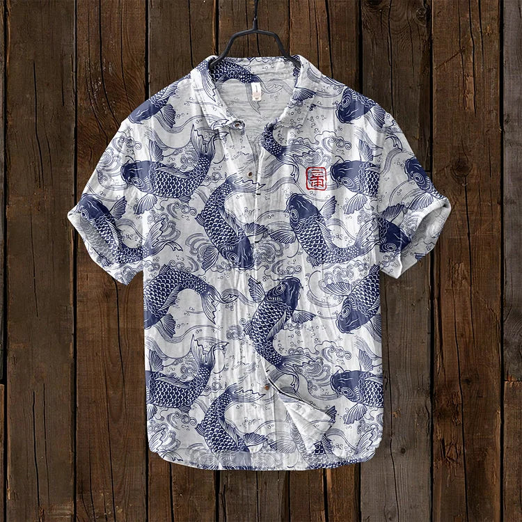 Men's Shirt – Relaxed Fit – Breathable Linen Blend – Fish Motif Print