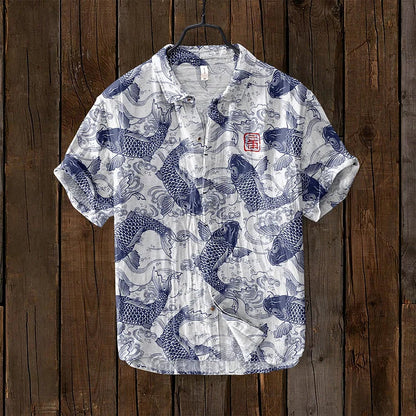 Men's Shirt – Relaxed Fit – Breathable Linen Blend – Fish Motif Print