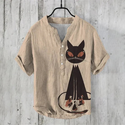 Men's Shirt – Relaxed Fit – Short Sleeves – Breathable Blend – Cat Graphic Front
