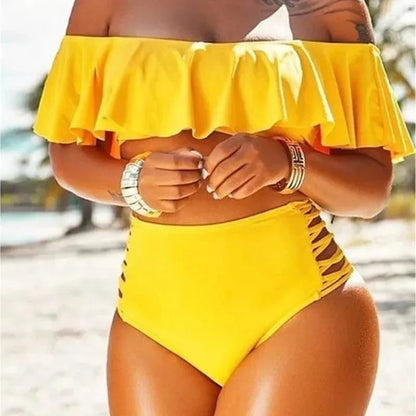 Women's Bikini Set – High Waist Fit – Side Cutouts – Off-Shoulder Ruffle Top