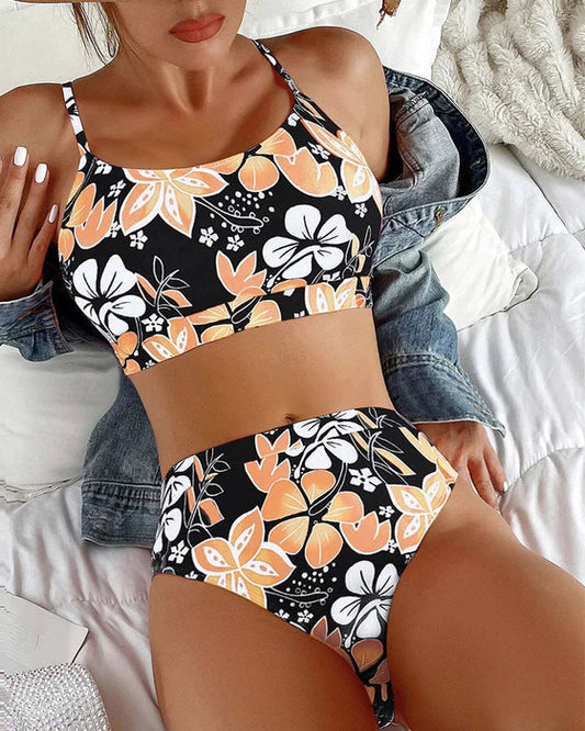 Women's Bikini Set – High Waist – Tank Top with Straps – Floral – Breathable Stretch Fabric