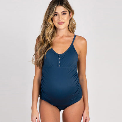 Maternity Swimsuit – Stretch Fit – Ribbed Texture – Button Detail – Full Coverage