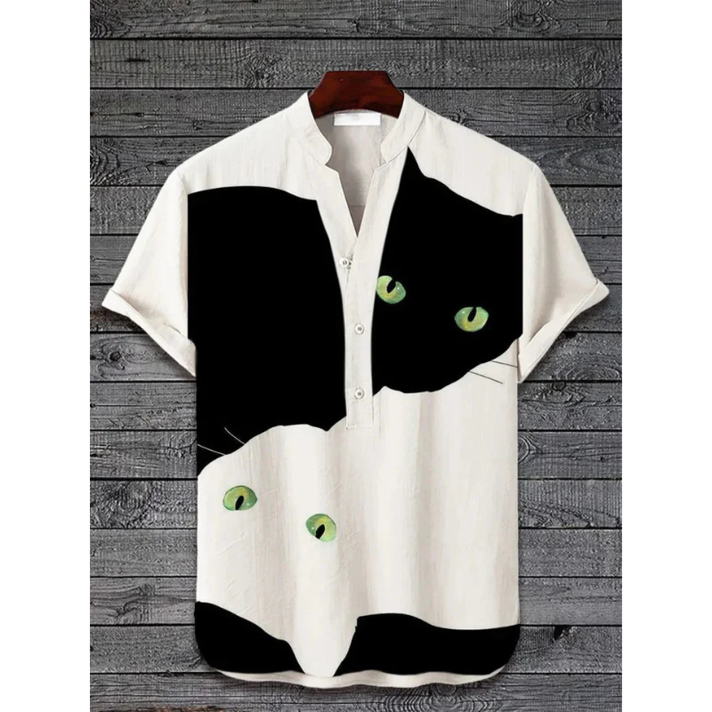 Men's Shirt – Relaxed Fit – Short Sleeves – Breathable Blend – Cat Graphic Front
