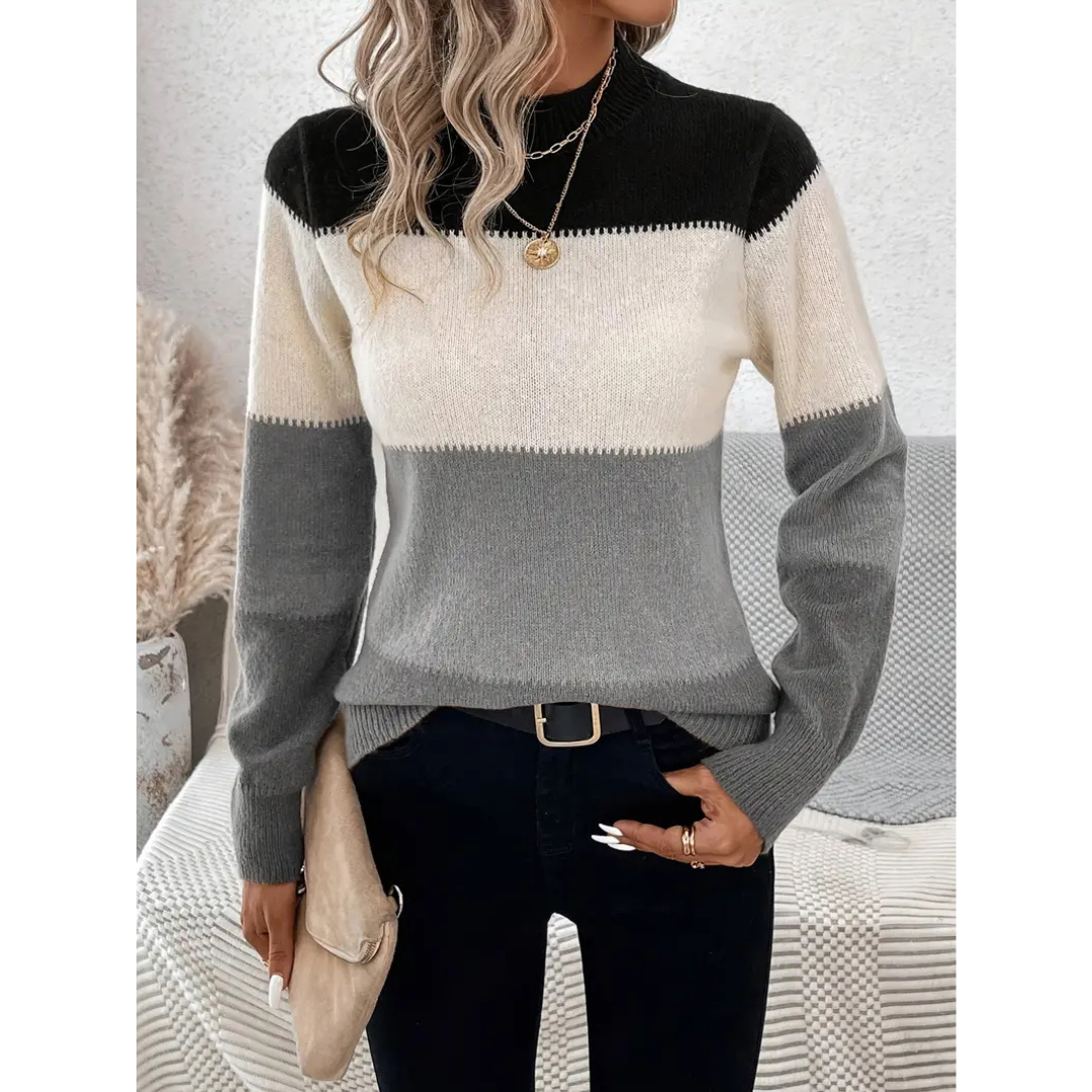 Women's Pullover Sweater – Wool Knit – Regular Fit – Crew Neck – Color Block Design