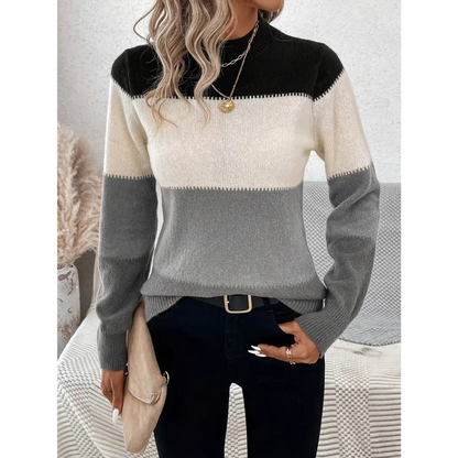 Women's Pullover Sweater – Wool Knit – Regular Fit – Crew Neck – Color Block Design
