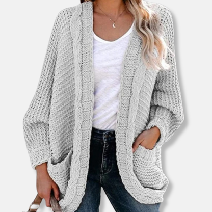 Isla Wool Oversized Cardigan | Ribbed Open Front Pockets Cardigan