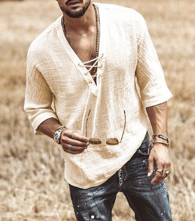 Men's Shirt – Relaxed Fit – Soft Breathable Fabric – 3/4 Sleeves – Laced V-neck