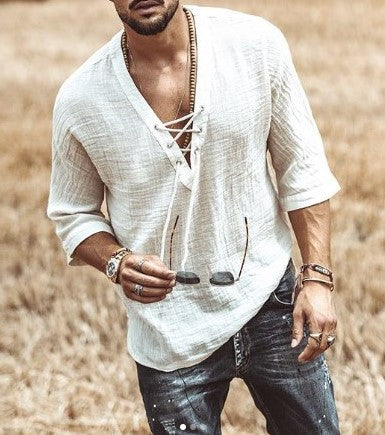 Men's Shirt – Relaxed Fit – Soft Breathable Fabric – 3/4 Sleeves – Laced V-neck