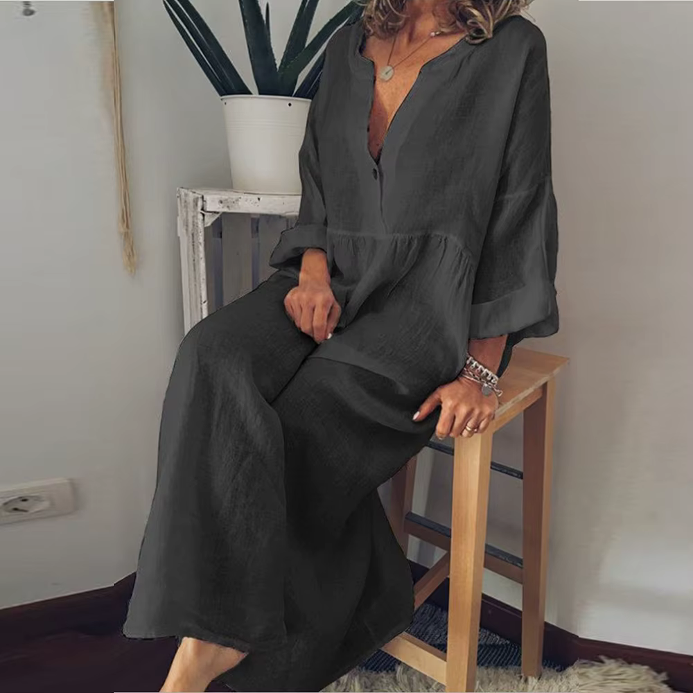 Women's Maxi Dress – Relaxed Fit – Airy Silhouette – Cotton-like Comfort – Button Closure