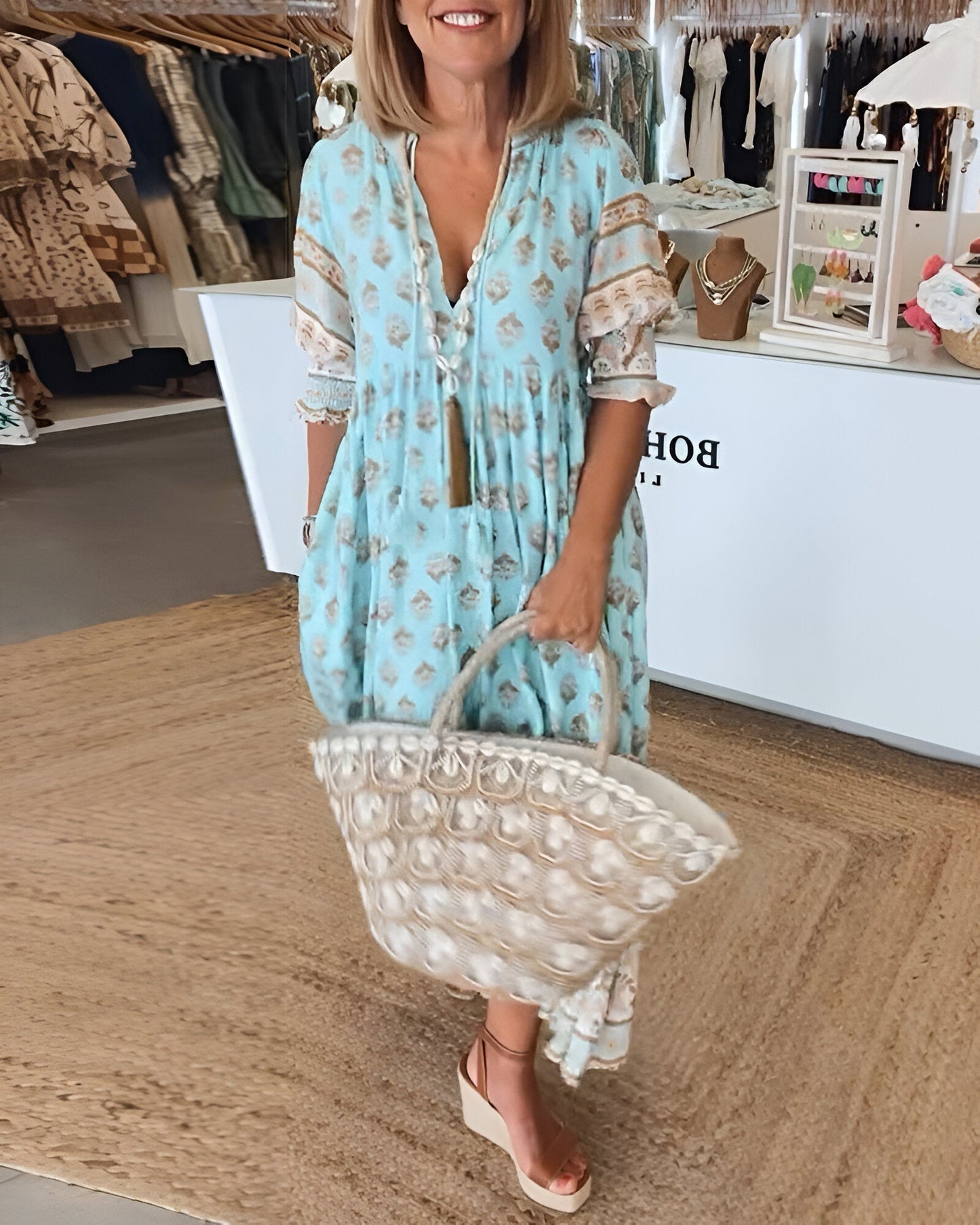Maxi Dress for Women – V-Neck – Bohemian Floral – Airy Fit – Three-Quarter Sleeves