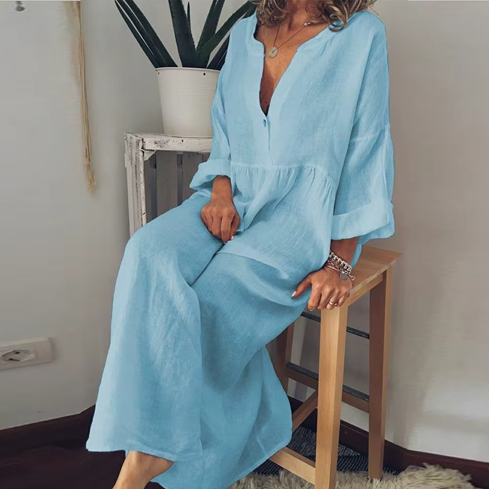 Women's Maxi Dress – Relaxed Fit – Airy Silhouette – Cotton-like Comfort – Button Closure