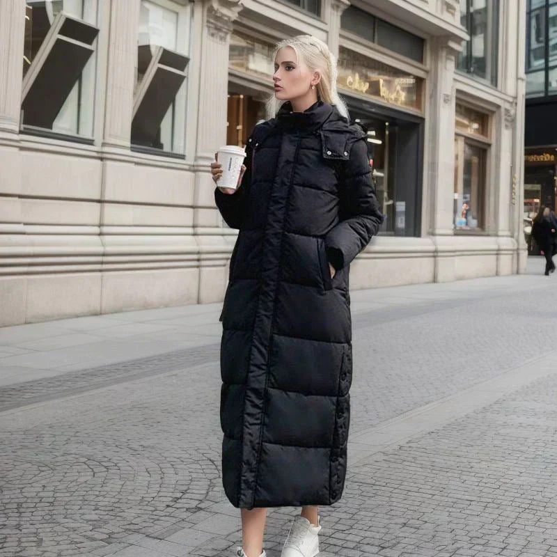 Women’s Puffer Coat - Quilted Synthetic - Oversized Fit - Full Length - Hooded High Collar