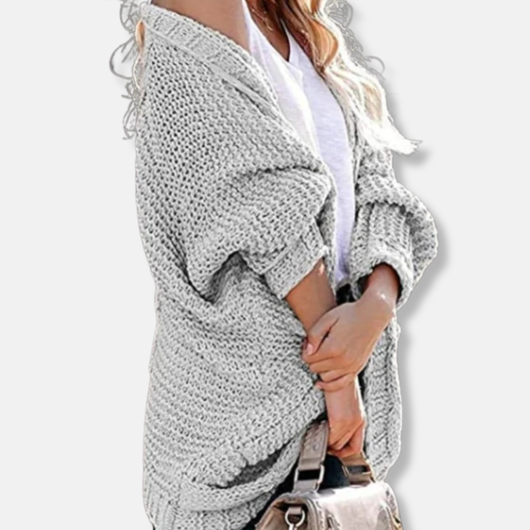 Isla Wool Oversized Cardigan | Ribbed Open Front Pockets Cardigan