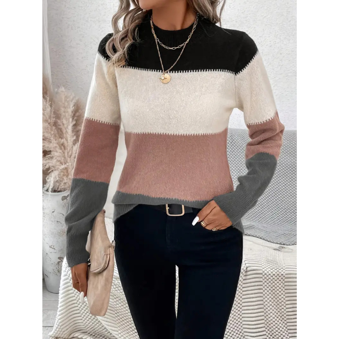 Women's Pullover Sweater – Wool Knit – Regular Fit – Crew Neck – Color Block Design