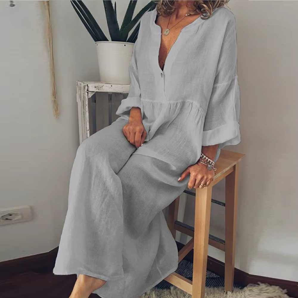 Women's Maxi Dress – Relaxed Fit – Airy Silhouette – Cotton-like Comfort – Button Closure