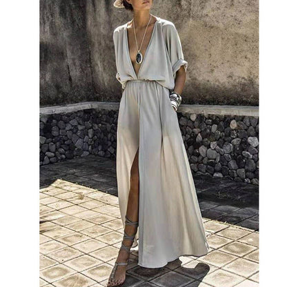 Women's Maxi Dress – Relaxed Fit – Deep V-Neck – Front Slit – Lightweight and Breathable