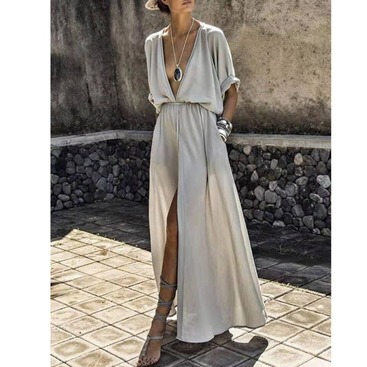 Women's Maxi Dress – Relaxed Fit – Deep V-Neck – Front Slit – Lightweight and Breathable