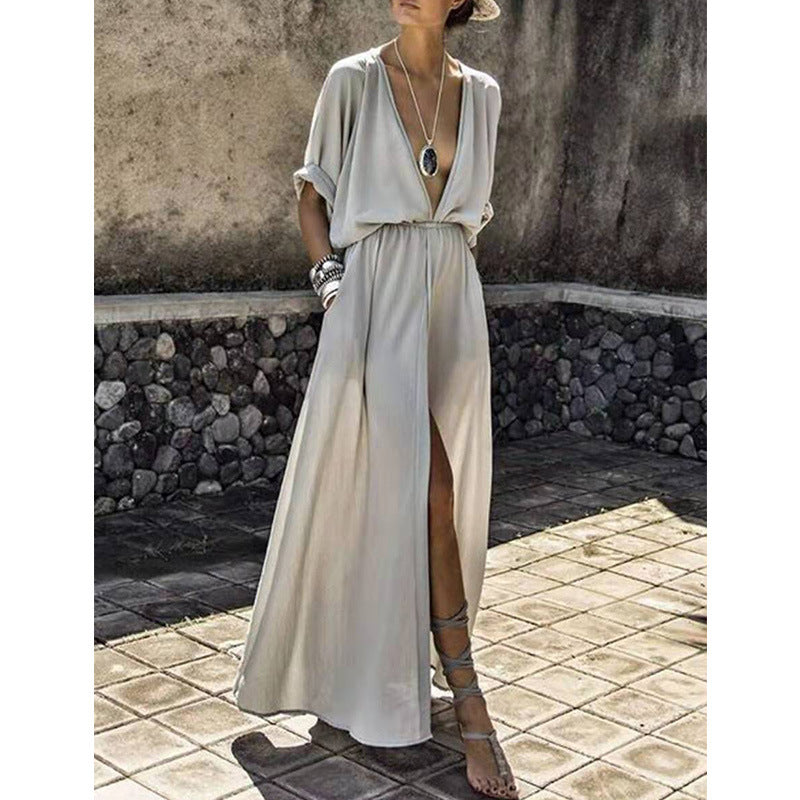 Women's Maxi Dress – Relaxed Fit – Deep V-Neck – Front Slit – Lightweight and Breathable