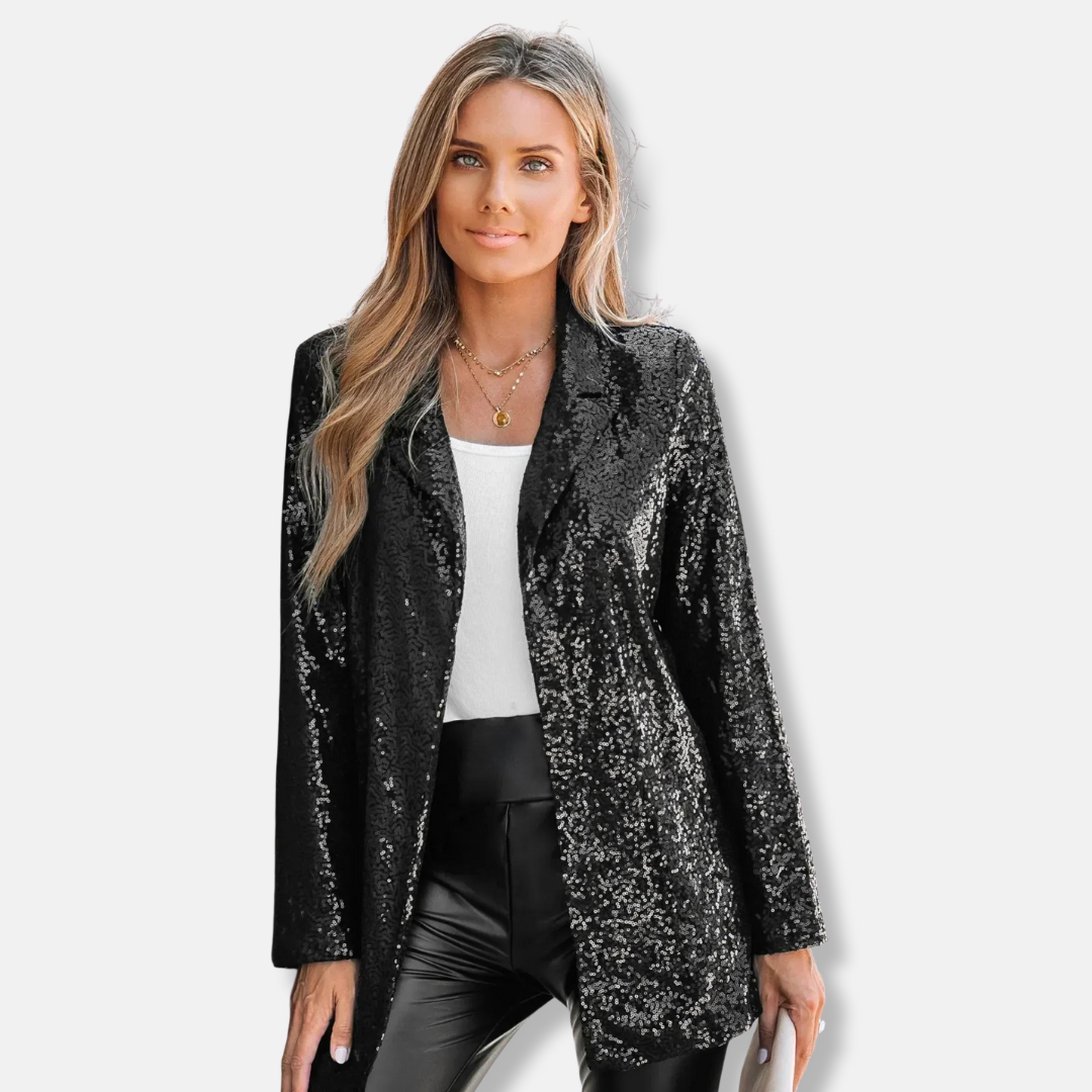 Isabella Sequined Longline Blazer | Relaxed Fit Collared Blazer