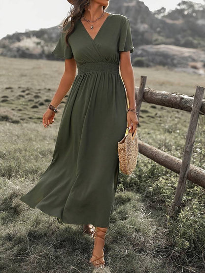 Women's Midi Dress – A-line – V-neck Wrap – Short Sleeves – Light and Breathable