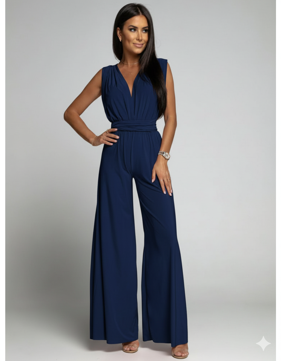 Women's Jumpsuit – Wide Legs – V-neck Wrap – Sleeveless – Fitted Waist – Breathable Blend