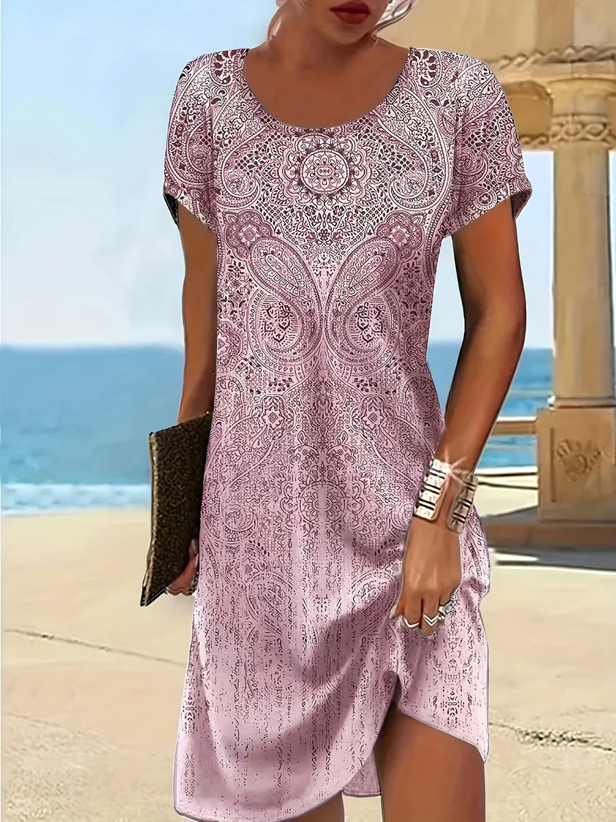 Women's midi dress – relaxed fit – patterned design – short sleeve – asymmetrical hem