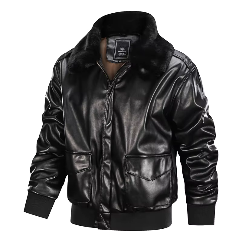 Men's Leather Jacket – Regular Fit – Zipper – Flap Pockets – Ribbed Cuffs – Fur Collar