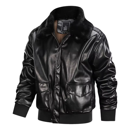 Men's Leather Jacket – Regular Fit – Zipper – Flap Pockets – Ribbed Cuffs – Fur Collar