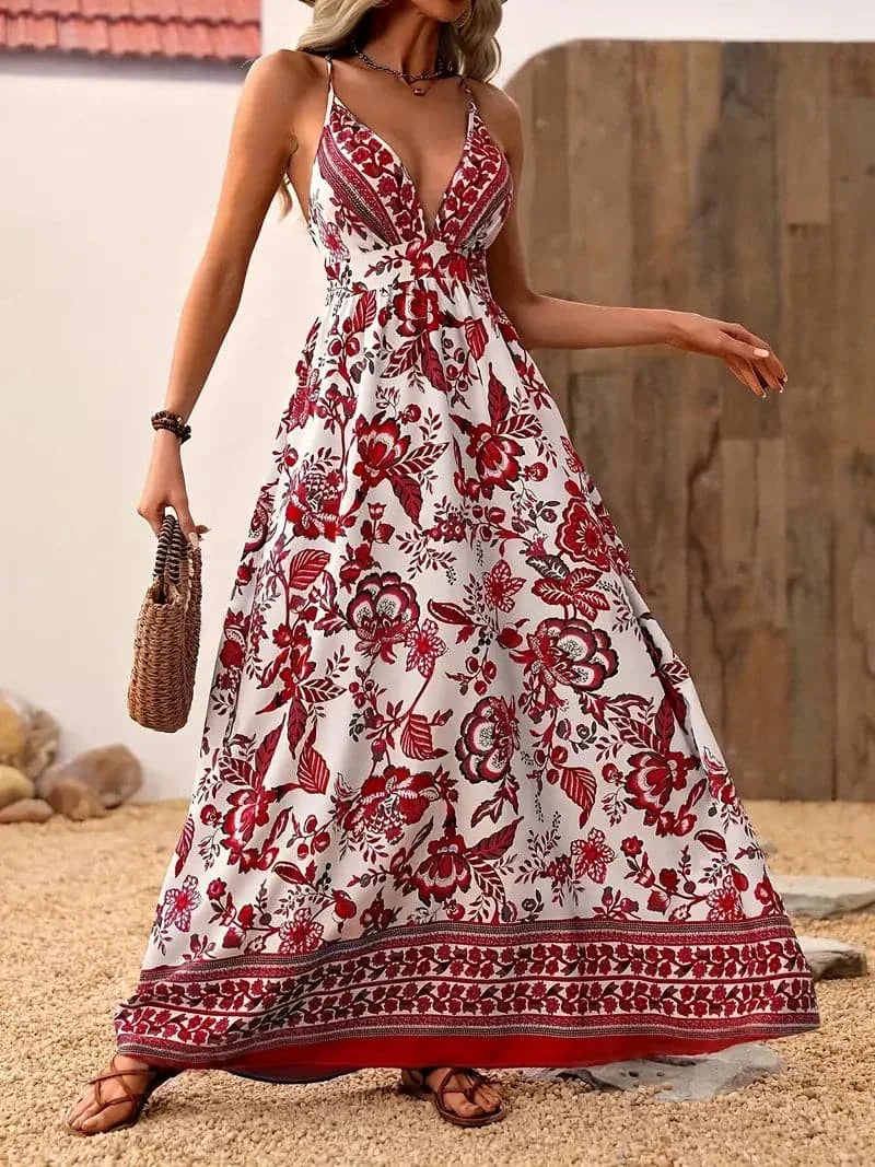 Dame Maxi Kjole - Boheme Stil - V-Hals - Let og Luftig - Blomstret Print