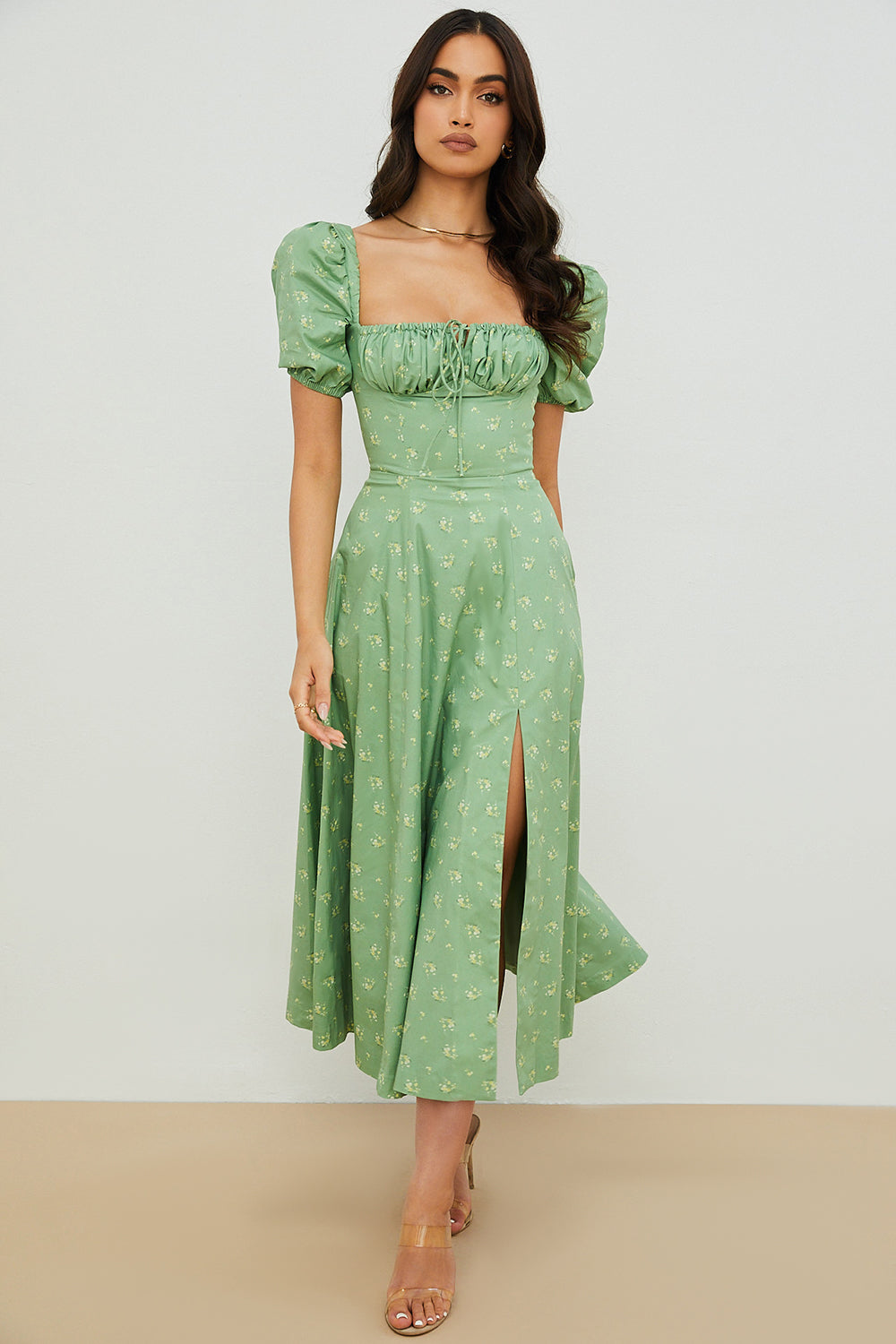 Women's Midi Dress – Breathable Mix – Ruched Bodice – Puff Sleeves – Square Neckline