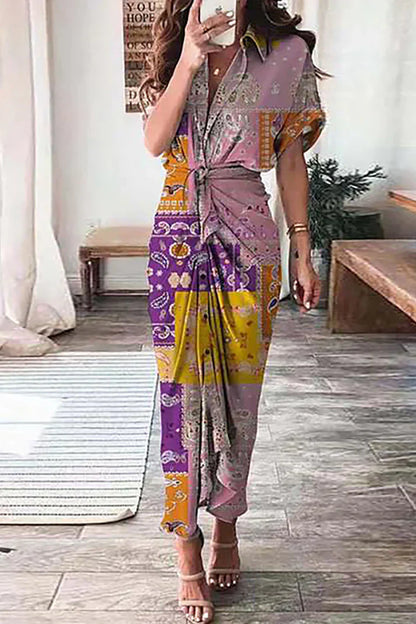 Dame Maxikjole – Kort Ærme – Skjortekrave – Boheme Patchwork – Talje med Knude