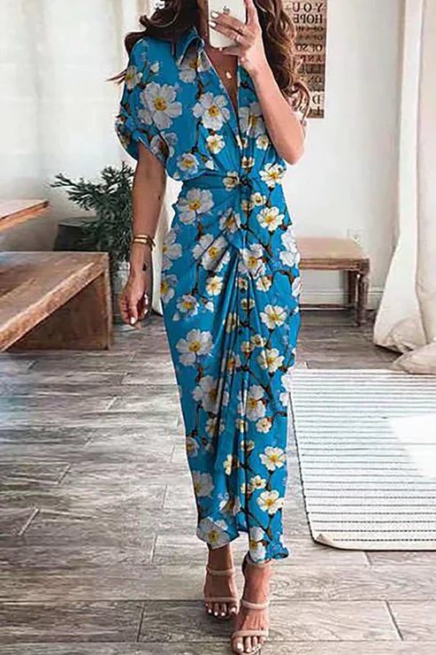 Dame Maxikjole – Kort Ærme – Skjortekrave – Boheme Patchwork – Talje med Knude