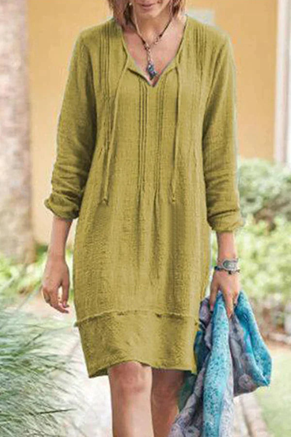 Dress for women – relaxed fit – V-neck with tie – long sleeves – layered hem