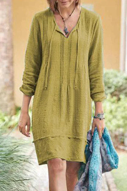 Dress for women – relaxed fit – V-neck with tie – long sleeves – layered hem