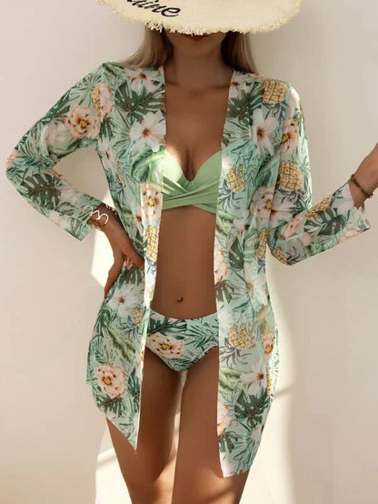 Women's Bikini Set – Tight Fit – Ruched Top – Adjustable Straps – Floral Bottom