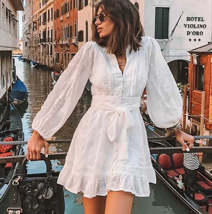 Dress for Women – Mini Cut – Tie at the Waist – Long Balloon Sleeves – Light and Breathable