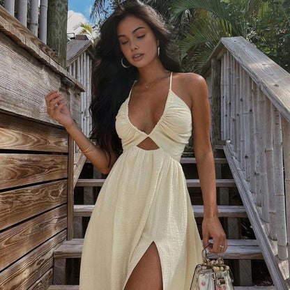 Women's Maxi Dress - Halterneck with Tie - A-Line with Cutout and Side Slit