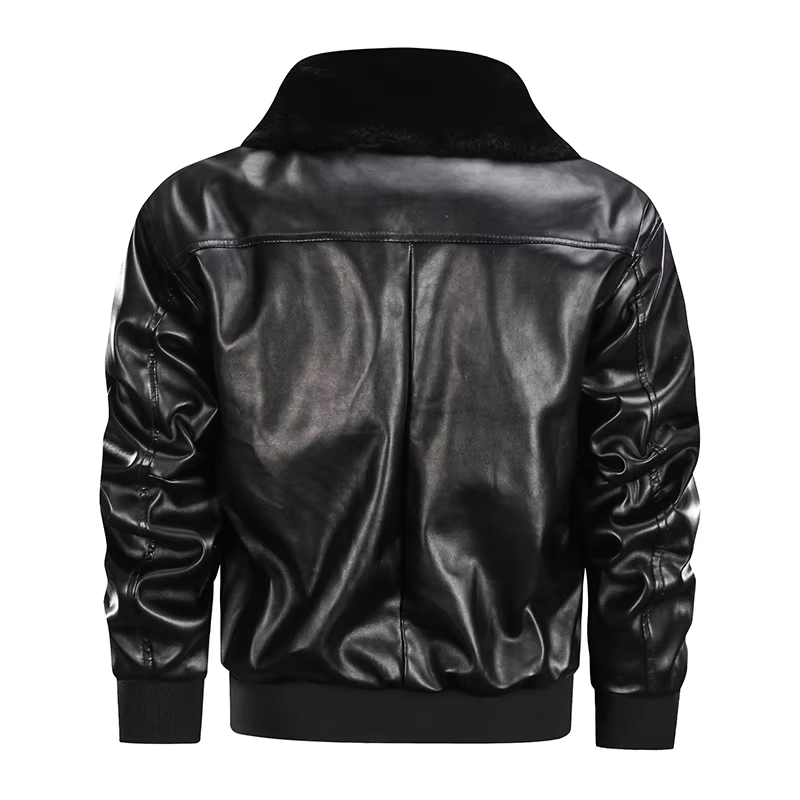 Men's Leather Jacket – Regular Fit – Zipper – Flap Pockets – Ribbed Cuffs – Fur Collar