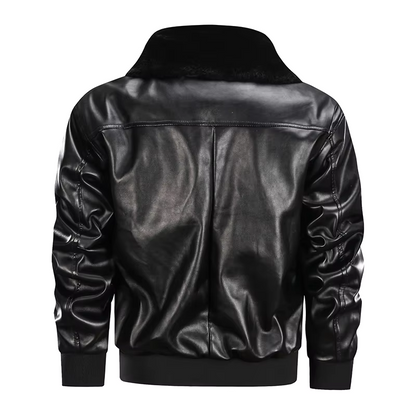 Men's Leather Jacket – Regular Fit – Zipper – Flap Pockets – Ribbed Cuffs – Fur Collar